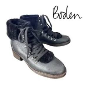 Boden Black Leather Sherling Cuff Lace Up Combat Moto Boot, Grunge, EU 41, US 10